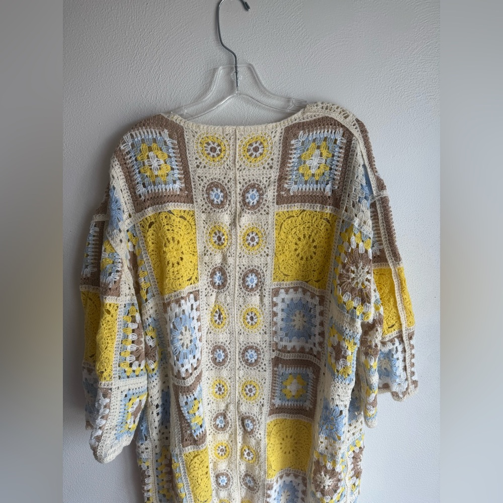 POL Crochet Patchwork Cardigan Sweater - Yellow, Cream & Baby Blue - Picture 5 of 10